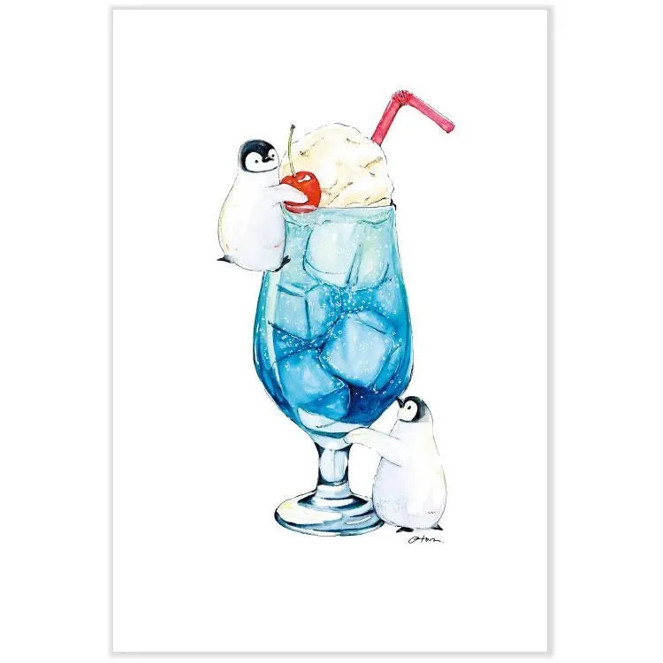 Postcard: オトン (Oton): Penguin with Cream Soda (A Soda Float)