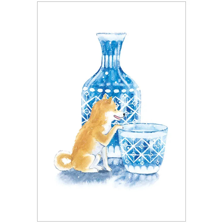 Postcard: 村田 夏佳 (Natsuka Murata): Shiba-Inu with Sake on an Edo-Kiriko bottle