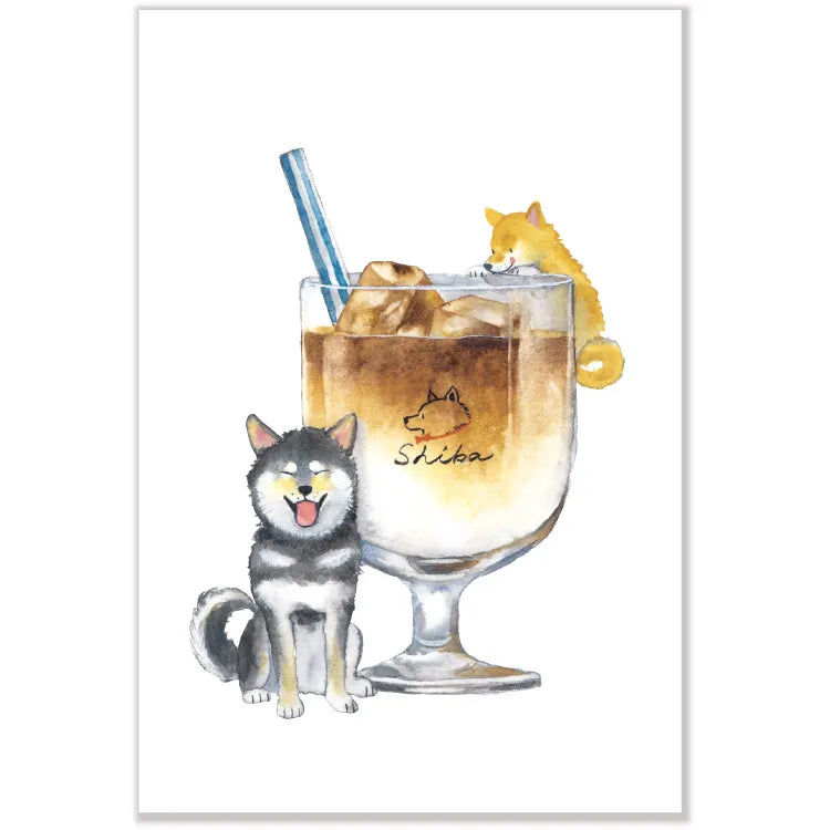 Postcard: 村田 夏佳 (Natsuka Murata): Shiba-Inu with Iced Cafe Latte