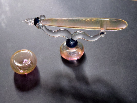 Glass Pen Feathered Rainbow Set with stand and inkwell