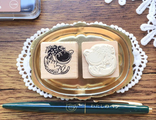 Maruco: Coffee Time – Kitten｜Maple Wood Rubber Stamp