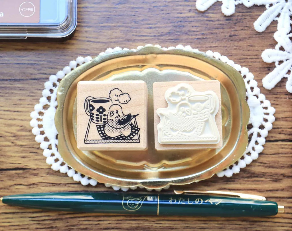 Maruco: Coffee Time – Parrot｜Maple Wood Rubber Stamp