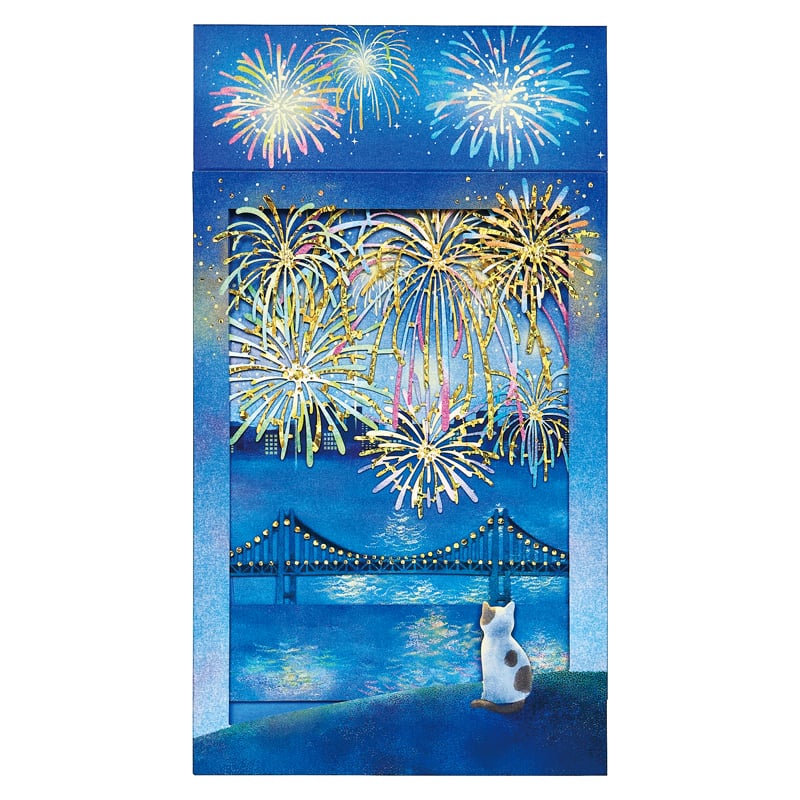 Sanrio Greeting Card: Hanabi (fireworks) with a Cat at the Waterfront City