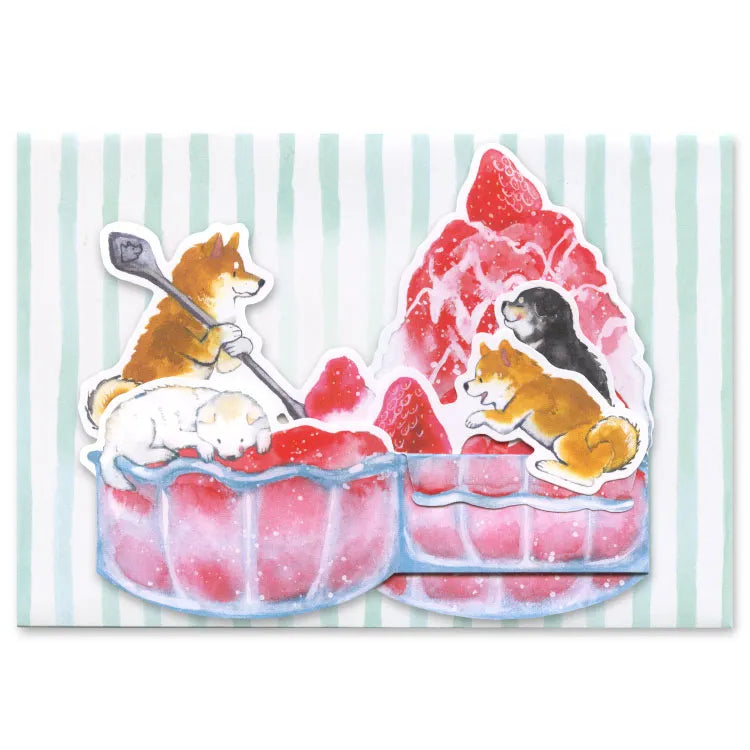3D Greeting Card: 村田 夏佳 (Natsuka Murata): Shiba-Inu with Strawberry Kakigori (Shaved Ice)