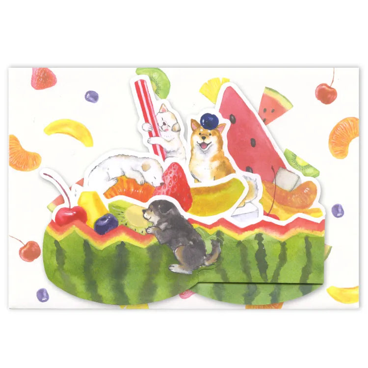 3D Greeting Card: 村田 夏佳 (Natsuka Murata): Shiba-Inu with Watermelon