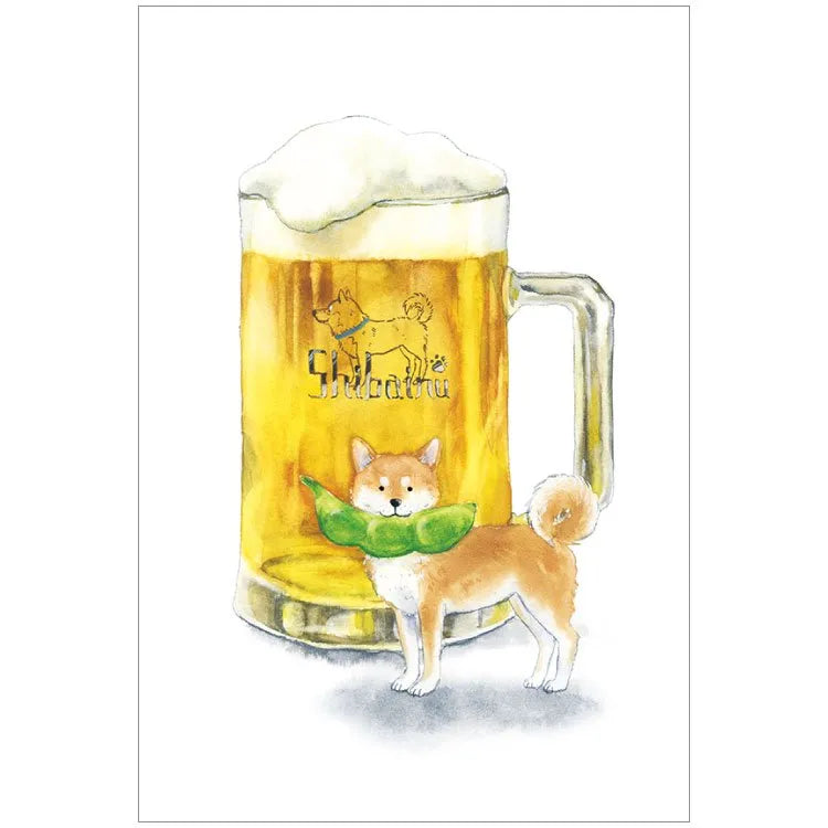 Postcard: 村田 夏佳 (Natsuka Murata): Shiba-Inu with Beer & Edamame (Green Soybeans)