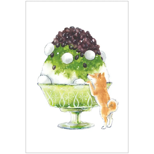 Postcard: 村田 夏佳 (Natsuka Murata): Shiba-Inu with Ogura-Matcha Kakigori (Shaved Ice)