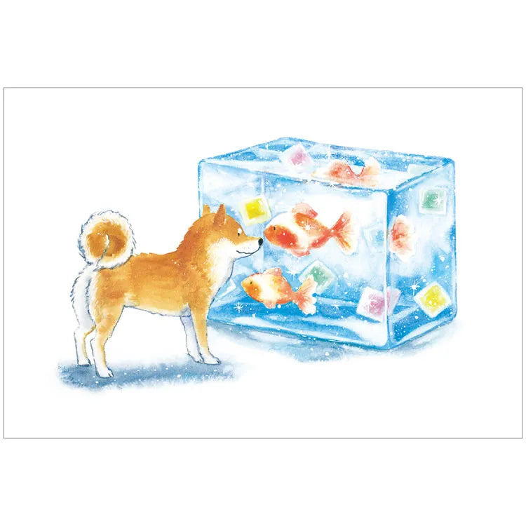 Postcard: 村田 夏佳 (Natsuka Murata): Shiba-Inu with Aquarium Wagashi-Yokan (Traditional Japanese Sweet Jelly)