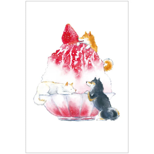 Postcard: 村田 夏佳 (Natsuka Murata): Shiba-Inu with Strawberry Kakigori (Shaved Ice)