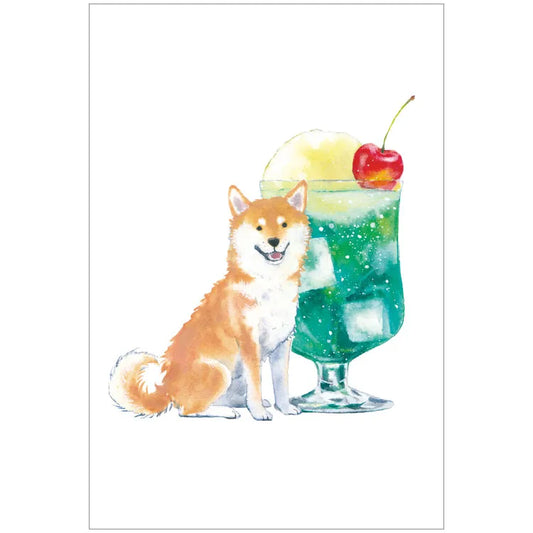 Postcard: 村田 夏佳 (Natsuka Murata): Shiba-Inu with Melon-Cream Soda (Melon Soda Float)