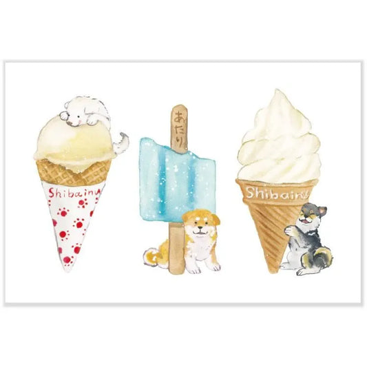 Postcard: 村田 夏佳 (Natsuka Murata): Shiba-Inu with Ice Cream & Popsicle