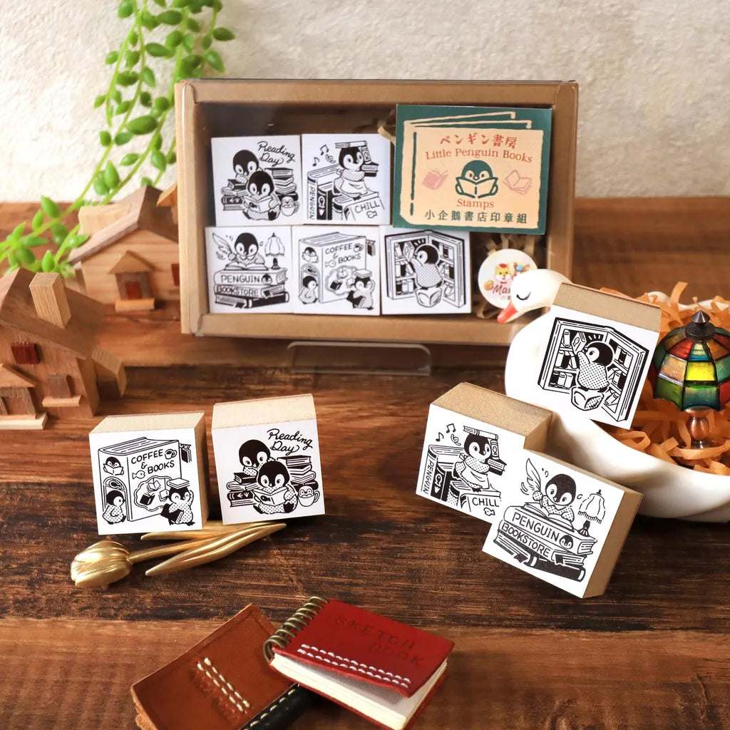 Maruco: Little Penguin Bookstore - Wooden Rubber Stamp Set