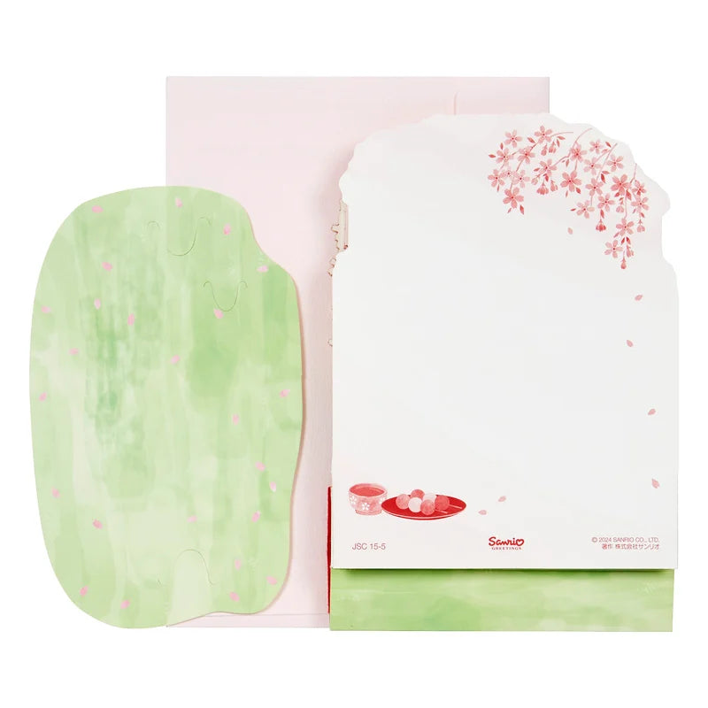 Sanrio Greeting Card: Spring, Weeping cherry blossoms and tea bench with parasol